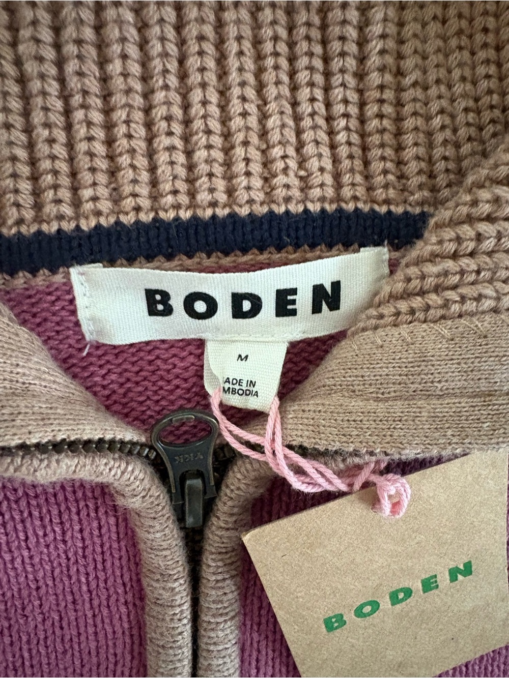 Boden sweater NWT M half zip sweater. Pink/navy/tan, cotton, Current! - Picture 5 of 12